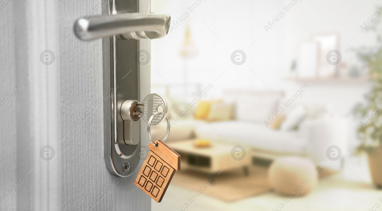 Image of Mortgage. Door with key open into room, space for text. Banner design