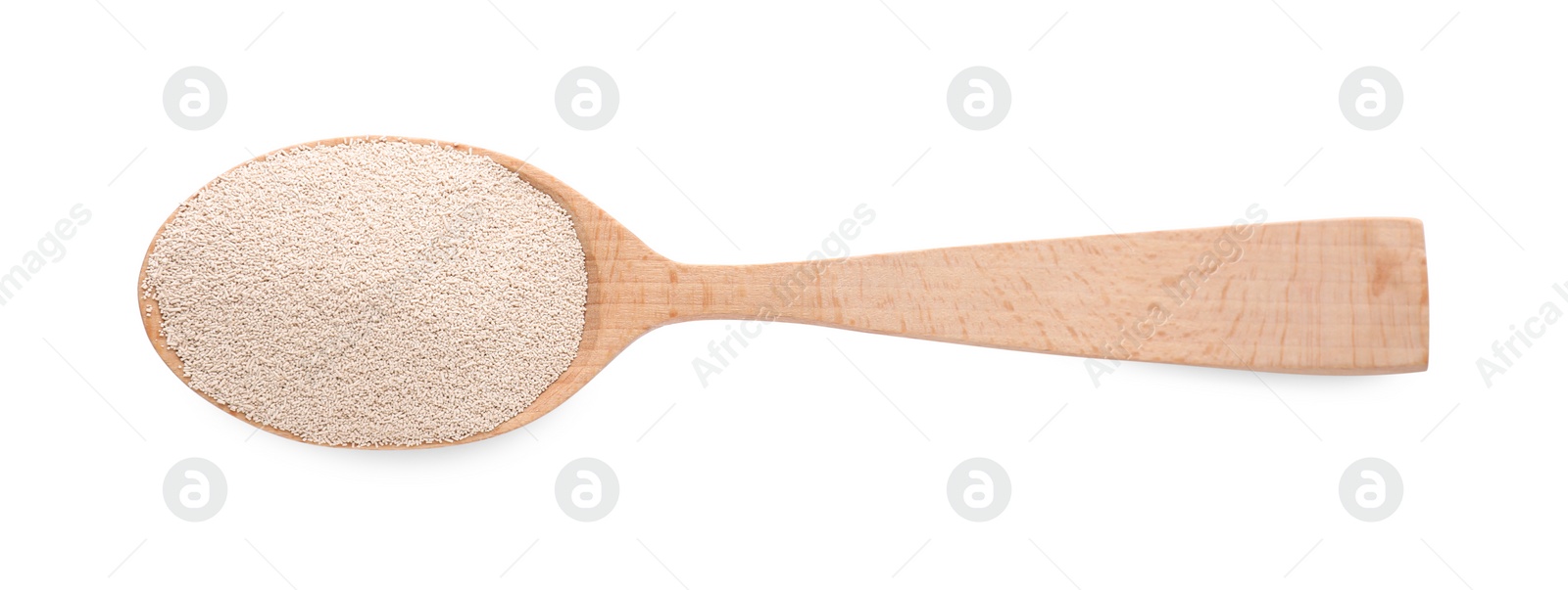 Photo of Spoon with active dry yeast isolated on white, top view
