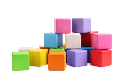 Many colorful cubes isolated on white. Children's toys