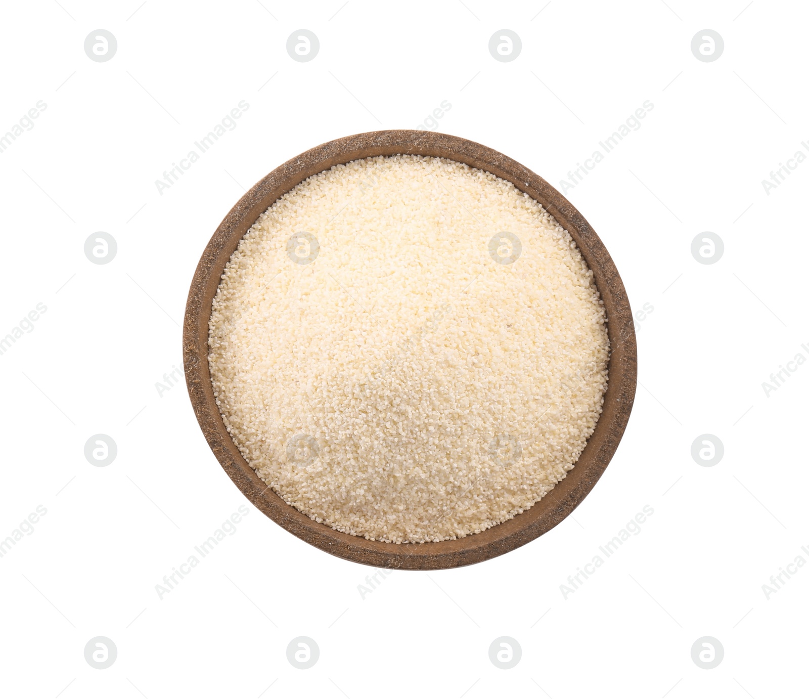 Photo of Uncooked semolina in bowl isolated on white, top view