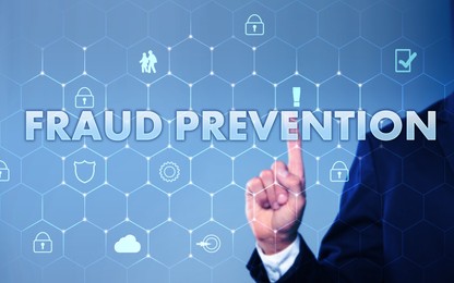 Image of Fraud prevention. Man using digital screen, closeup. Scheme with icons on light blue background