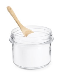 Photo of Baking soda and spoon in glass jar isolated on white