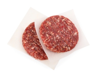 Photo of Raw meat cutlets for burger isolated on white, top view