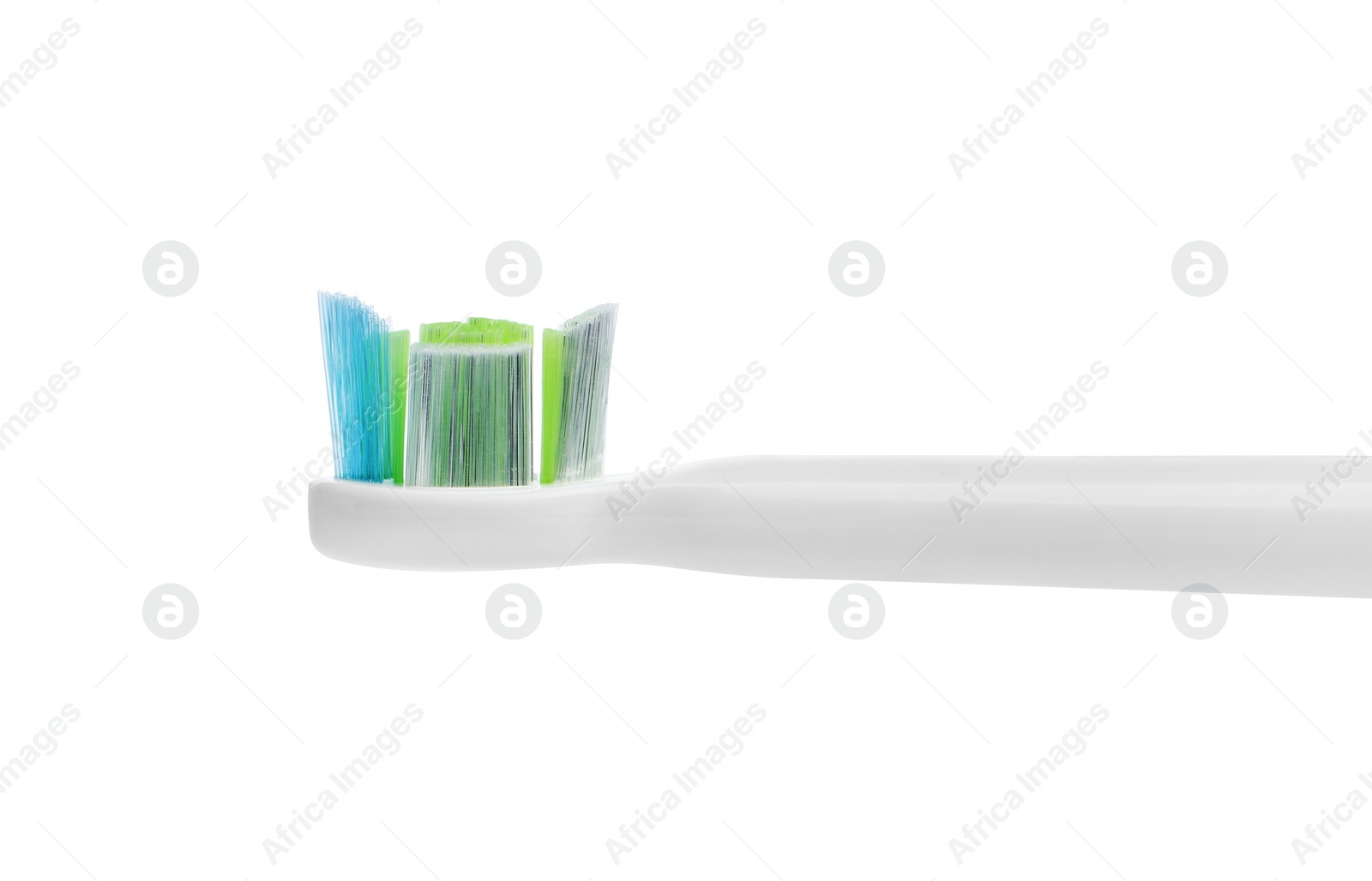 Photo of Electric toothbrush on white background, closeup view