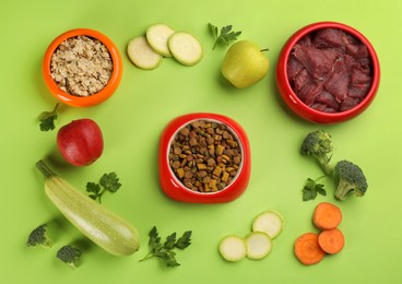 Photo of Pet food and natural ingredients on green background, flat lay