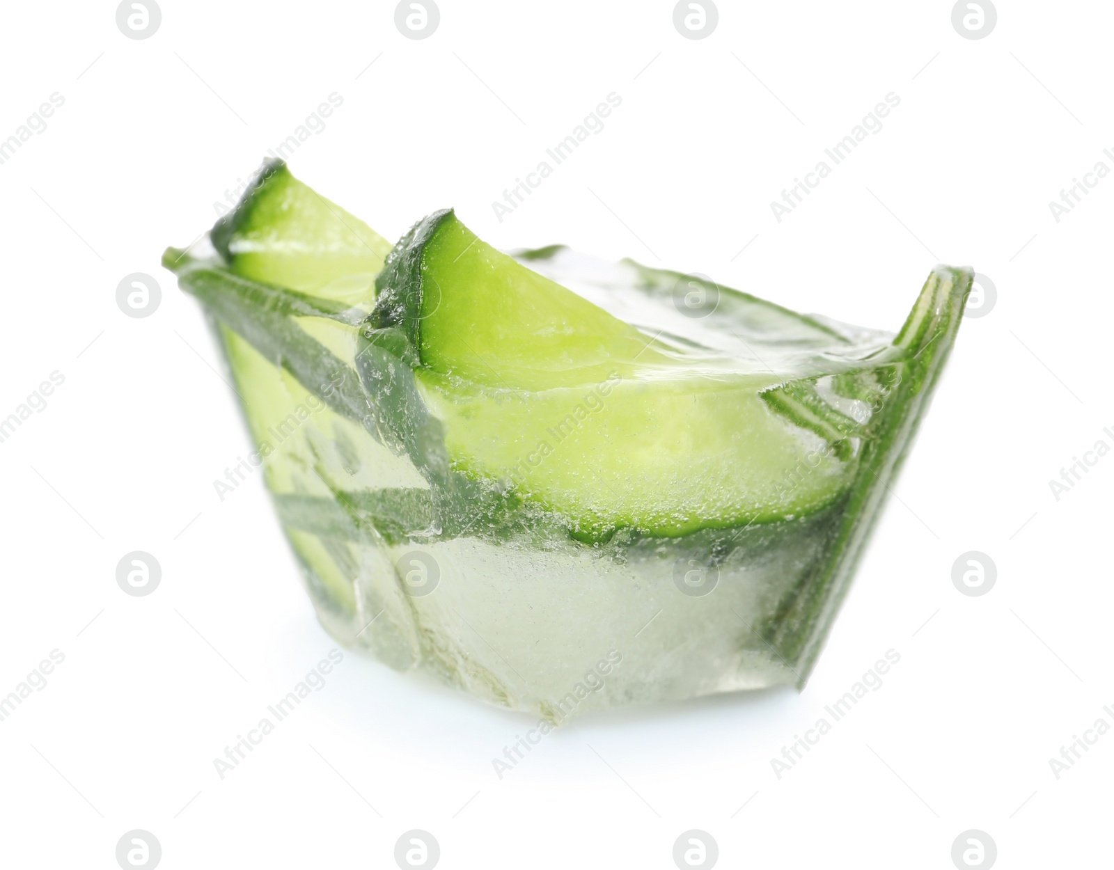 Photo of Ice cube with cucumber slices and rosemary on white background