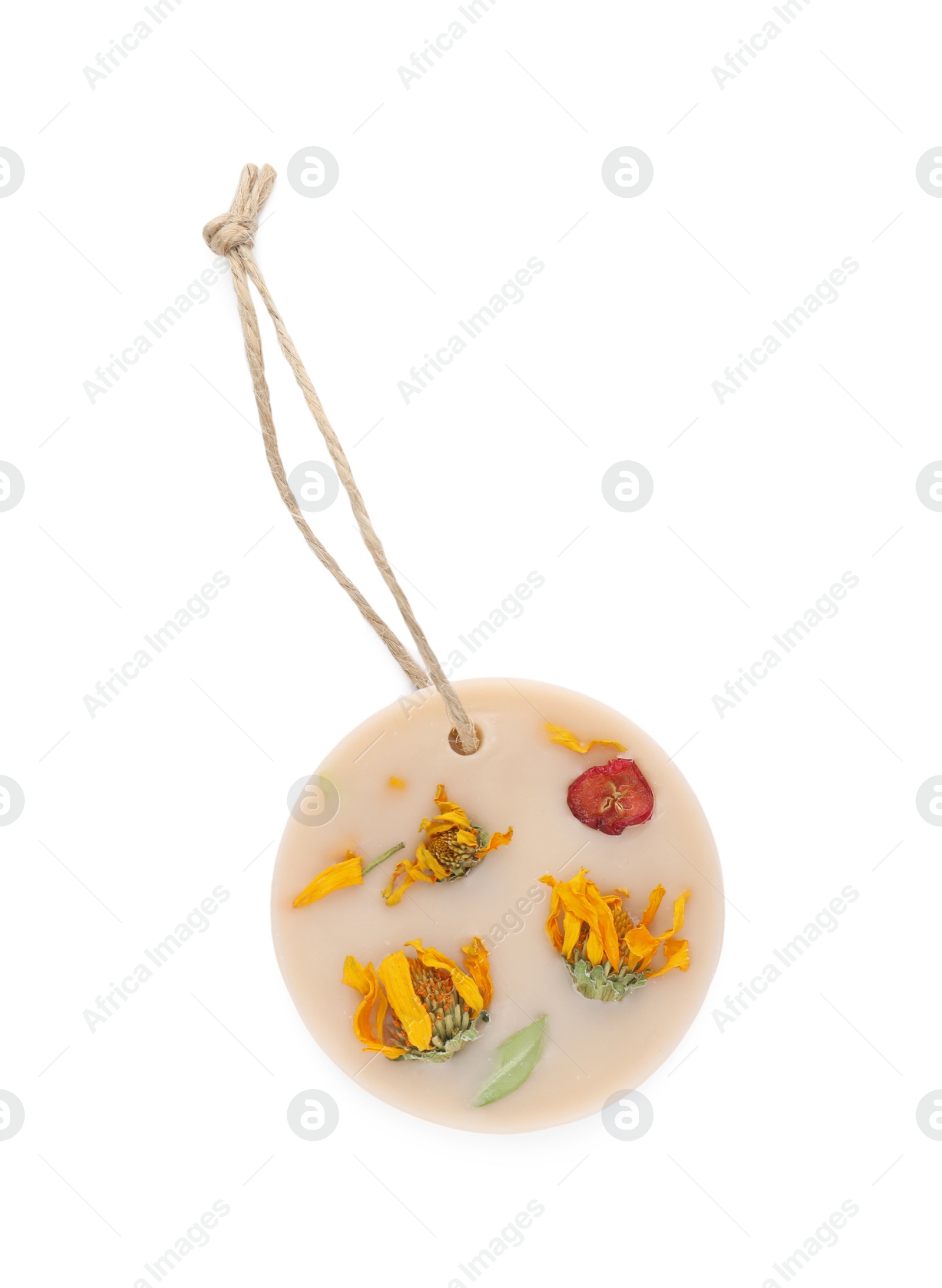 Photo of Beautiful scented sachet with flowers isolated on white