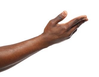 Photo of African-American man showing hand gesture on white background, closeup