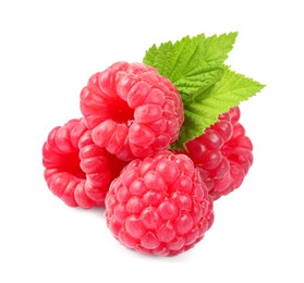 Many fresh ripe raspberries and green leaves isolated on white