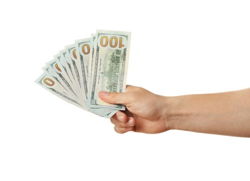 Photo of Man with American money on white background, closeup