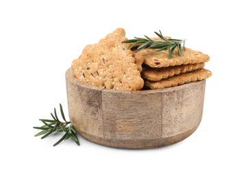 Photo of Cereal crackers with flax, sesame seeds and rosemary in bowl isolated on white