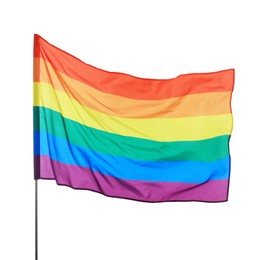 Photo of Bright rainbow LGBT flag fluttering on white background. Lesbian concept