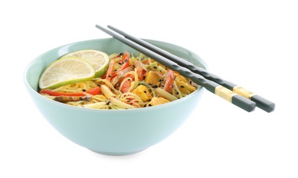 Stir-fry. Delicious cooked noodles with chicken and vegetables in bowl isolated on white