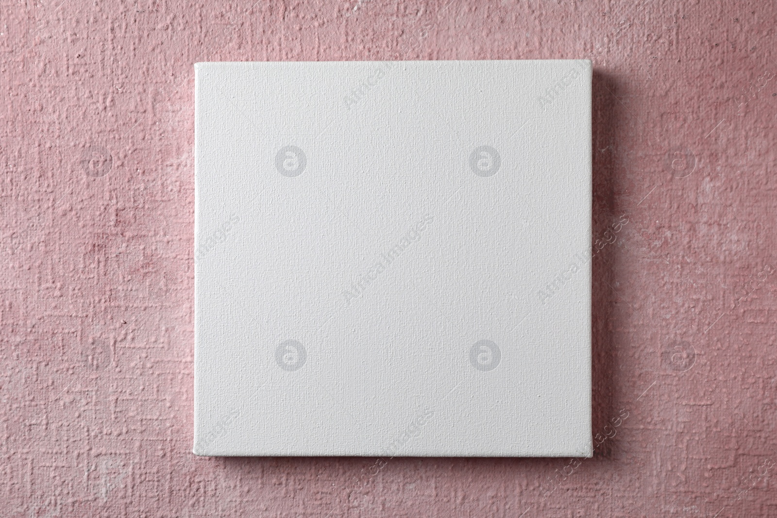 Photo of Blank canvas hanging on pink wall, space for text