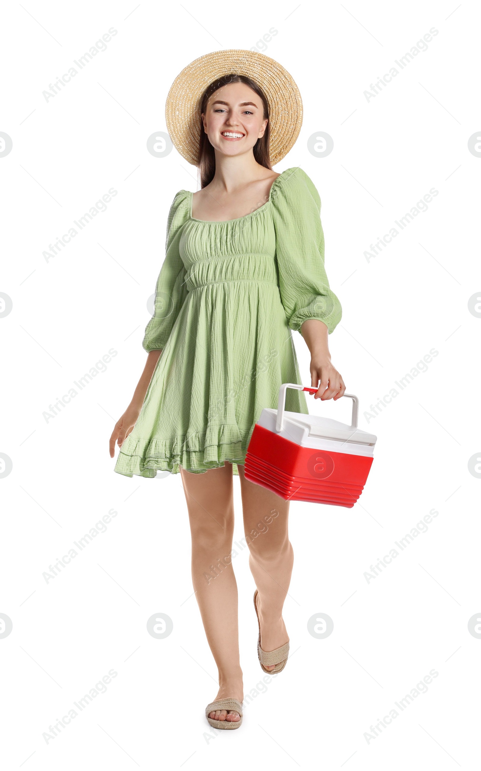 Photo of Happy young woman with plastic cool box isolated on white