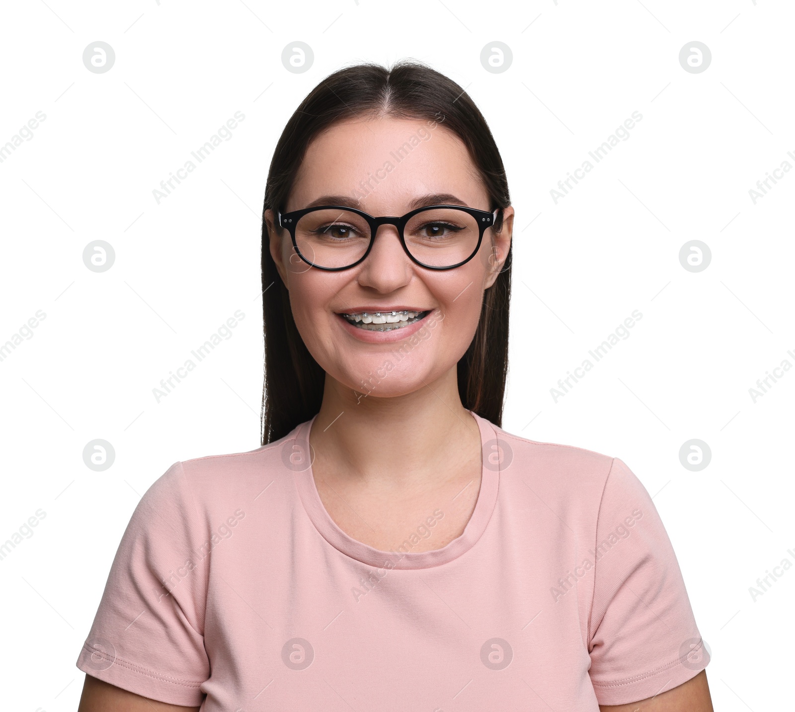 Photo of Beautiful woman with glasses on white background