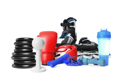 Set of different sport equipment on white background