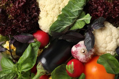 Many different fresh vegetables as background, top view