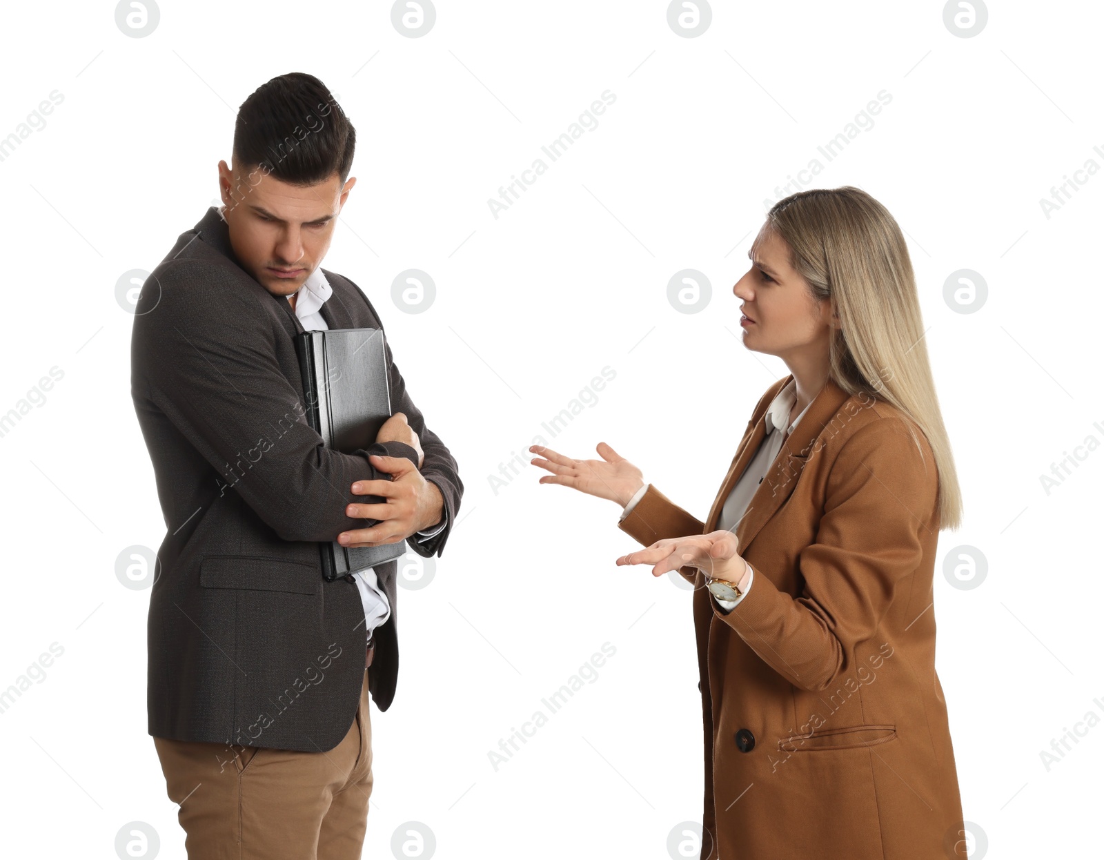 Photo of Business woman scolding employee for being late on white background