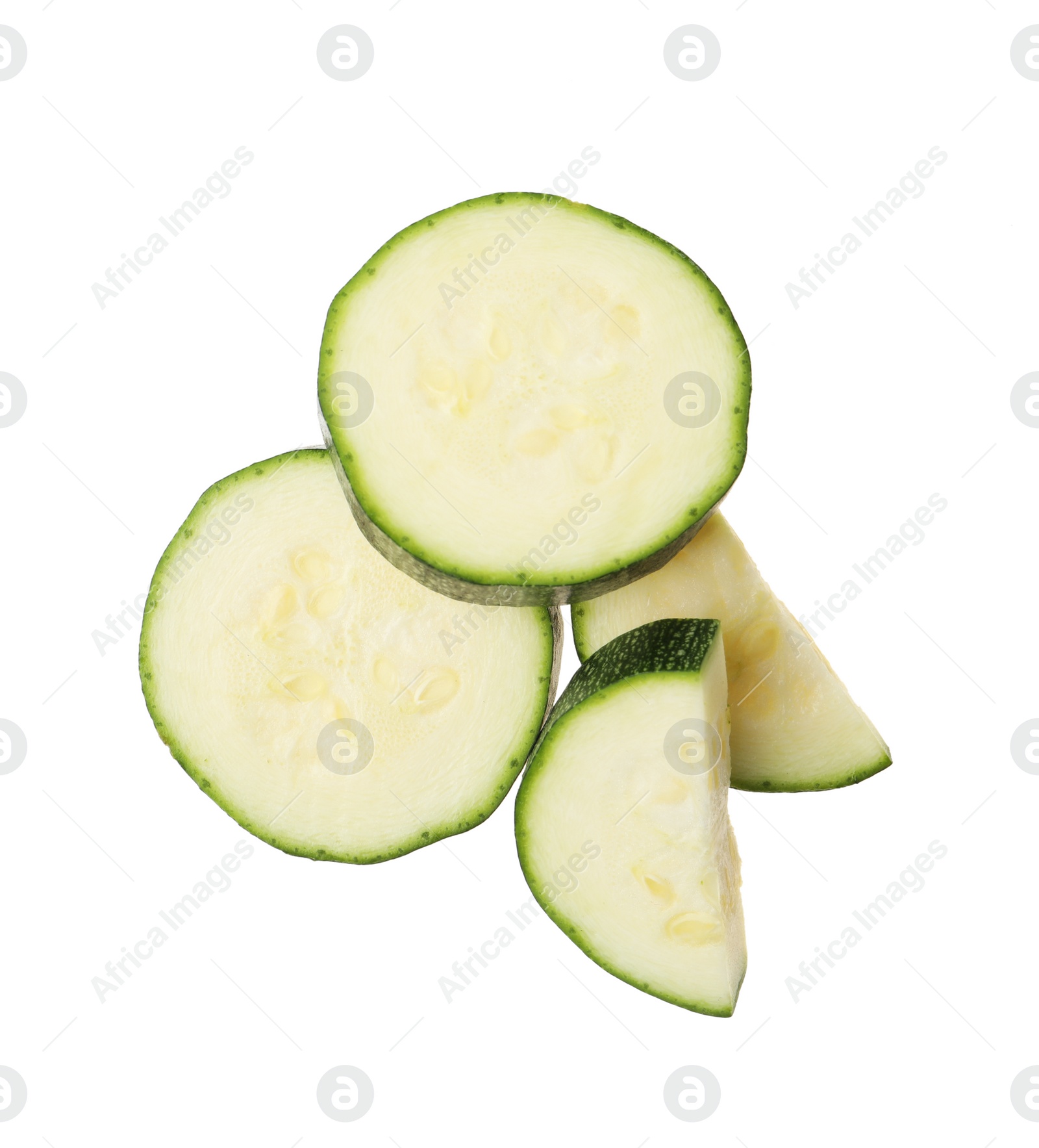 Photo of Slices of ripe zucchini on white background, top view