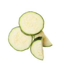 Photo of Slices of ripe zucchini on white background, top view