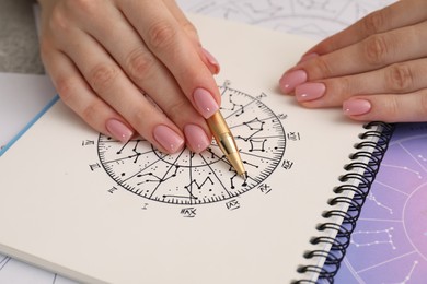 Astrologer using zodiac wheel for fate forecast at table, closeup. Fortune telling