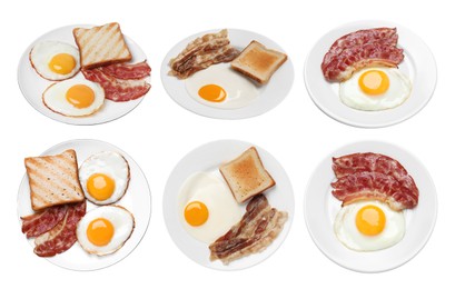 Set with tasty fried eggs, bacon and bread on white background