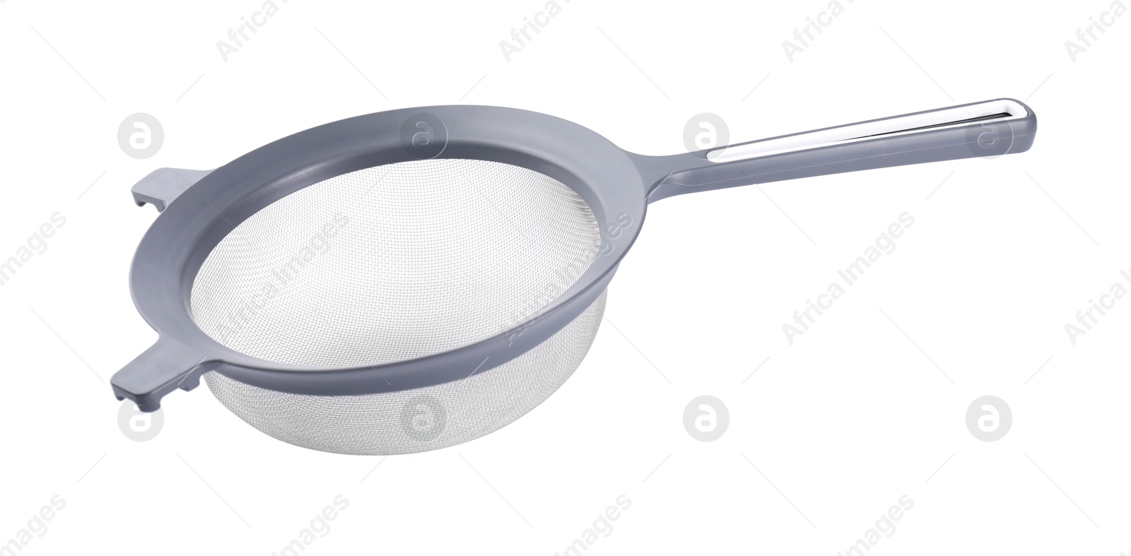 Photo of One metal sieve isolated on white. Kitchen utensil