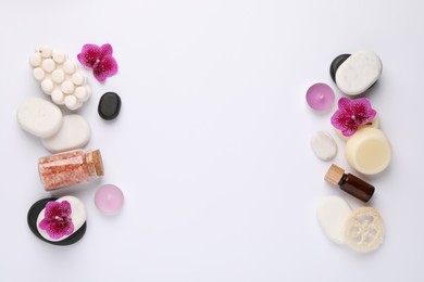 Photo of Flat lay composition with different spa products on white background, space for text