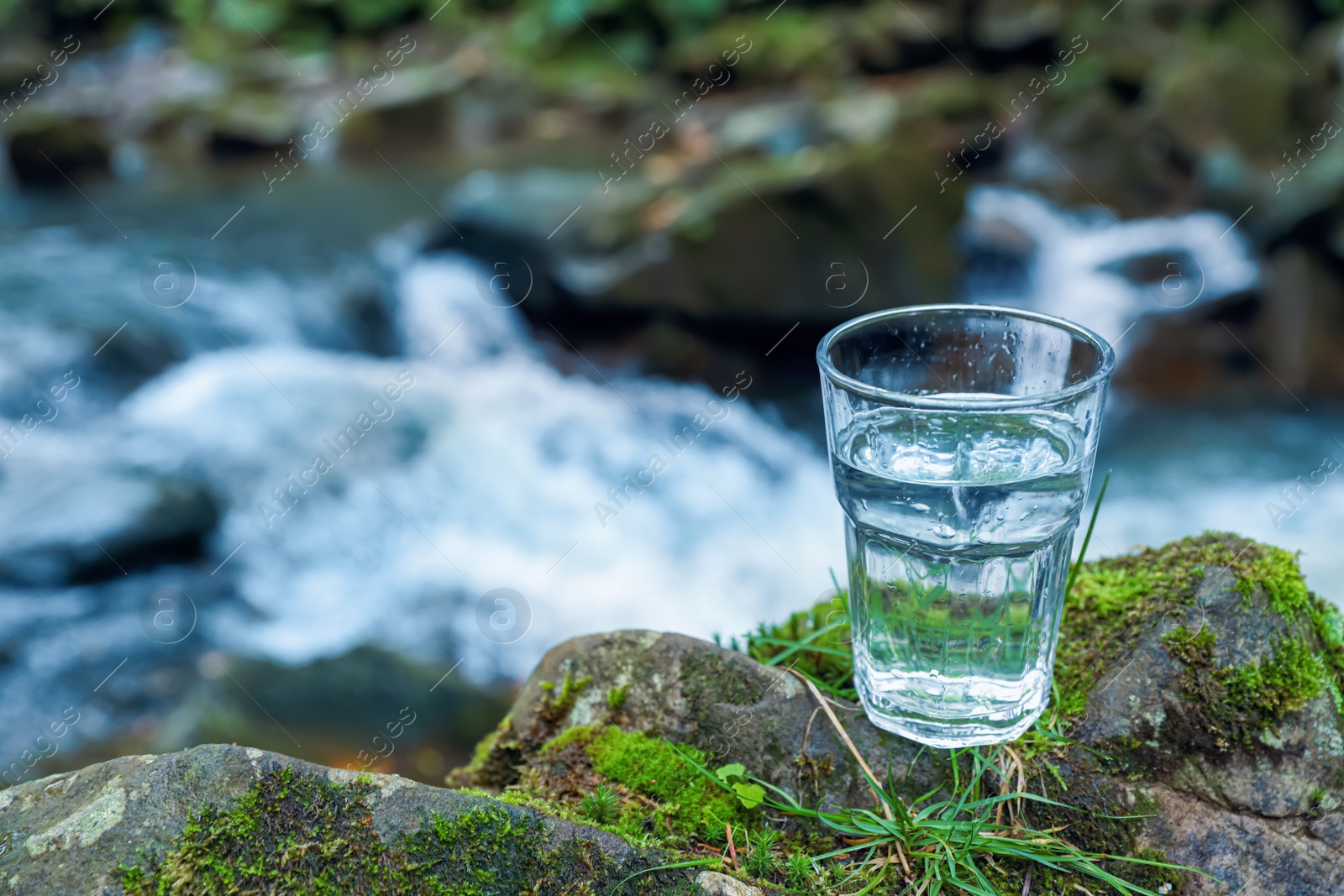 Photo of Glass of fresh water on stone with moss near stream. Space for text