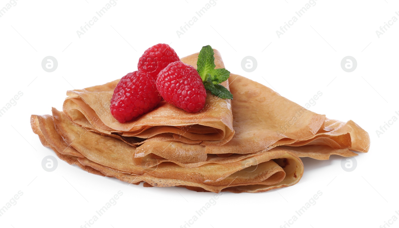 Photo of Delicious crepes with raspberries and mint on white background