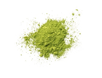 Pile of powdered matcha tea on white background, top view