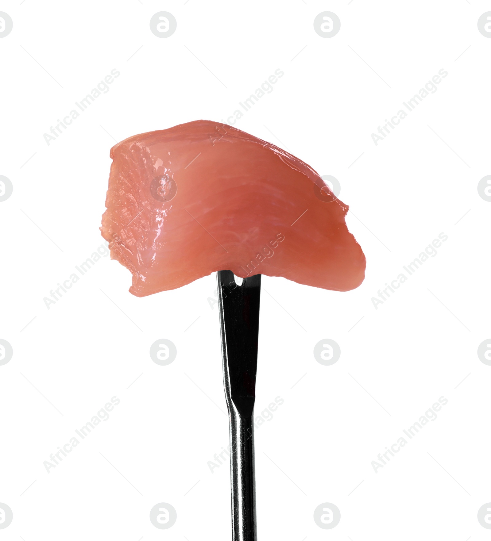 Photo of Fondue fork with piece of raw meat isolated on white