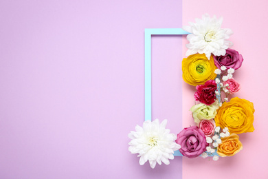 Floral composition with beautiful flowers on color background, flat lay. Space for text