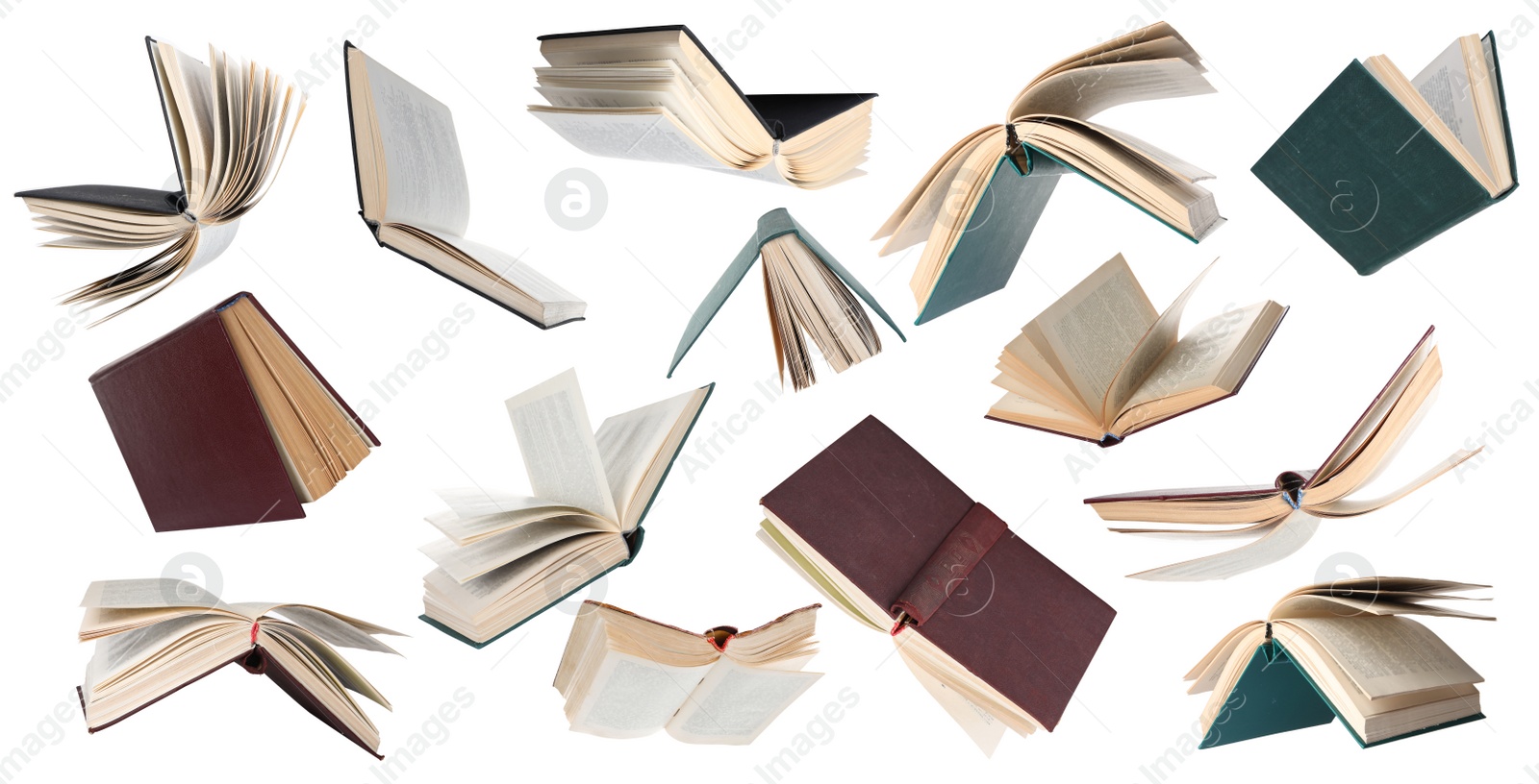 Image of Many hardcover books falling on white background