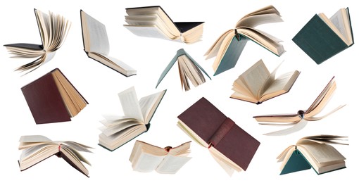 Image of Many hardcover books falling on white background