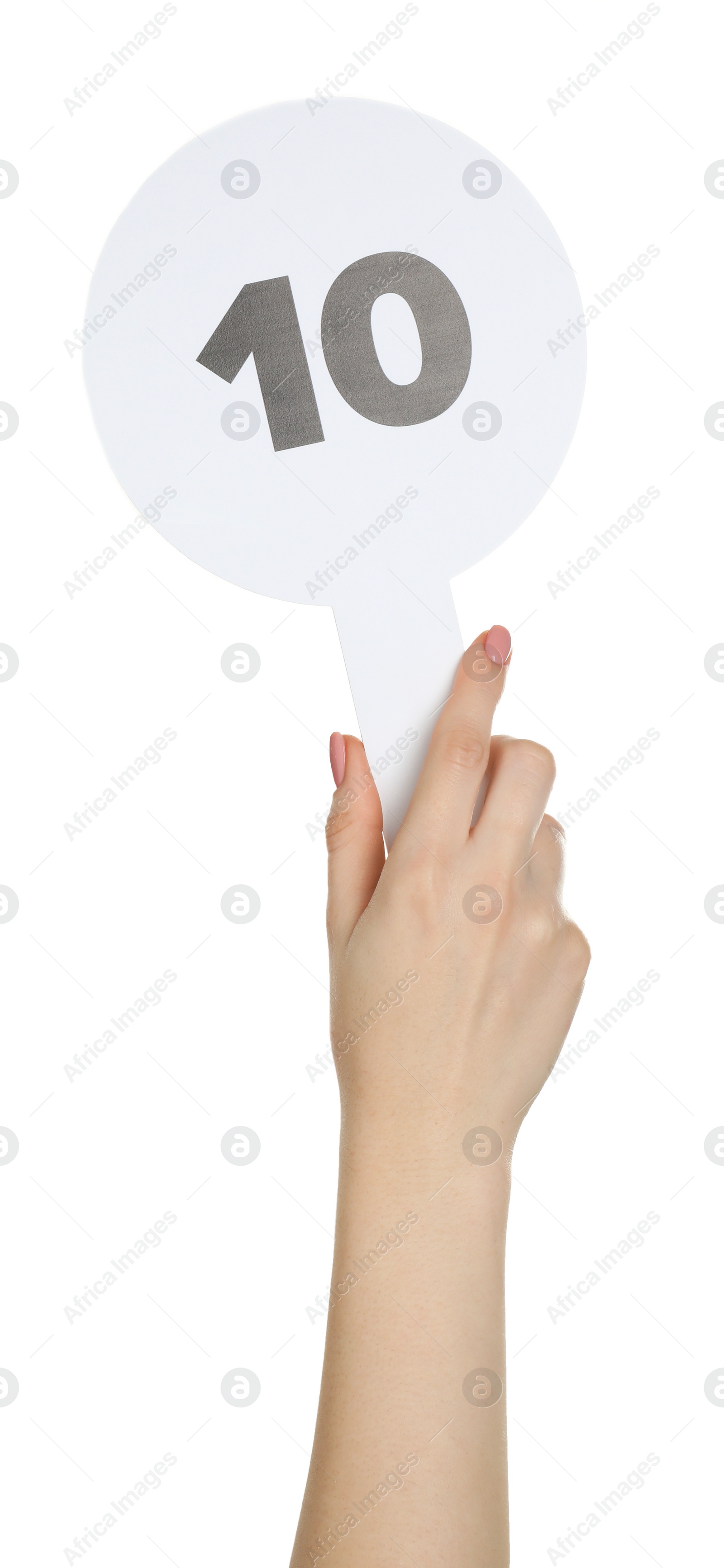 Photo of Woman holding auction paddle with number 10 on white background, closeup