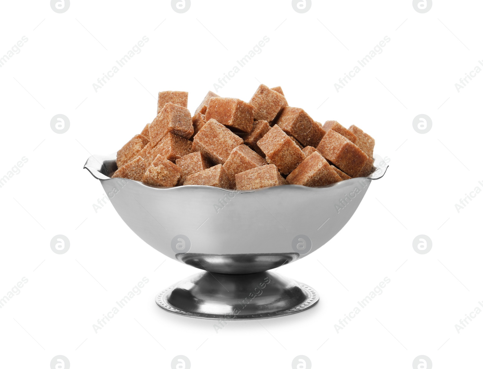 Photo of Metal bowl with brown sugar cubes isolated on white