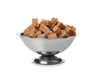 Photo of Metal bowl with brown sugar cubes isolated on white