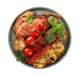 Photo of Plate with tasty grilled vegetables, meat and basil isolated on white, top view