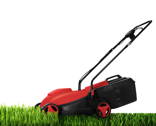 Image of Modern garden lawn mower cutting green grass, white background