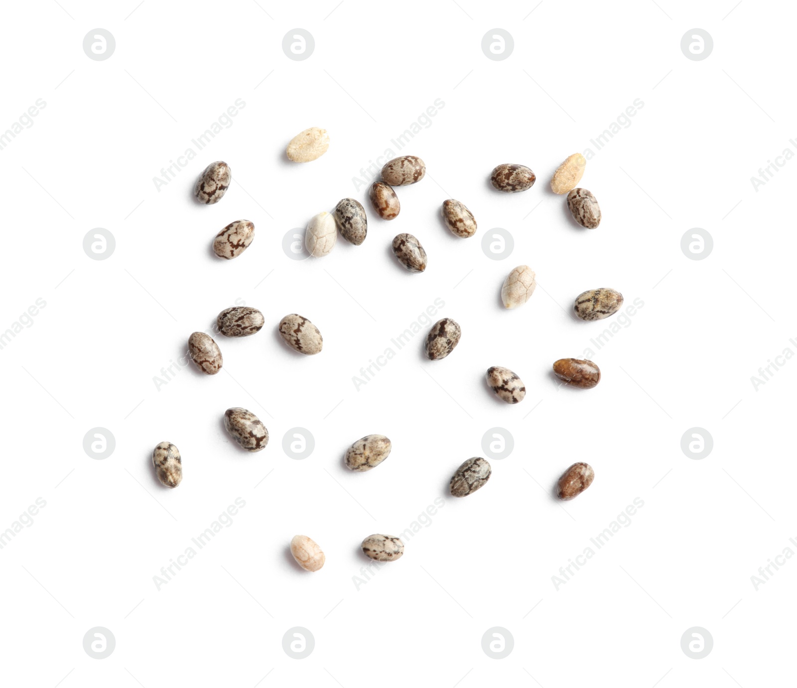 Photo of Chia seeds isolated on white, top view