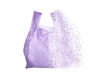 Violet disposable bag vanishing on white background. Plastic decomposition