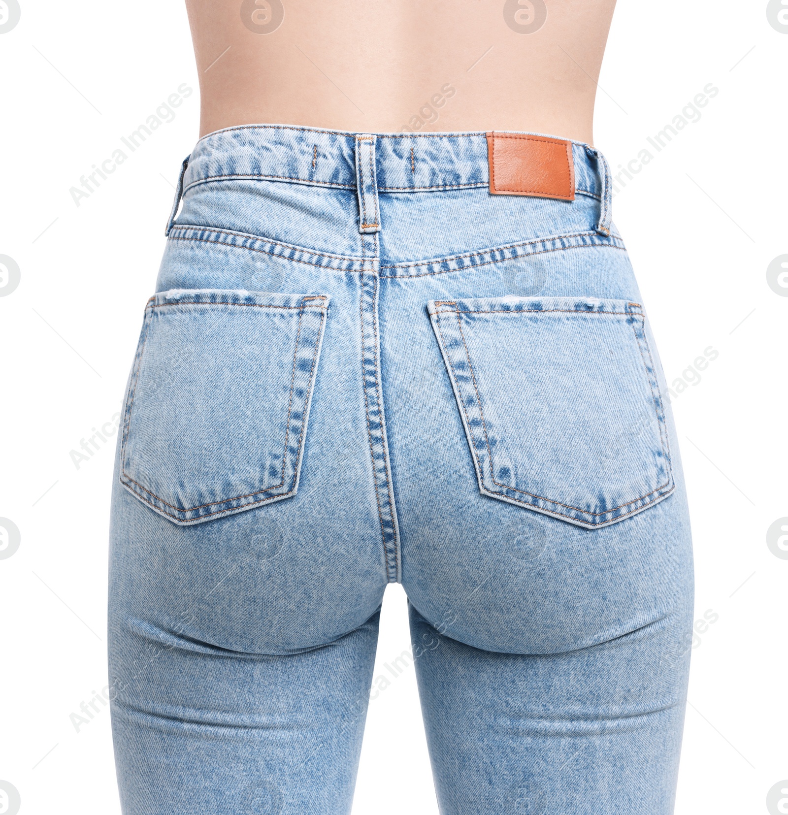 Photo of Woman in stylish jeans on white background, closeup