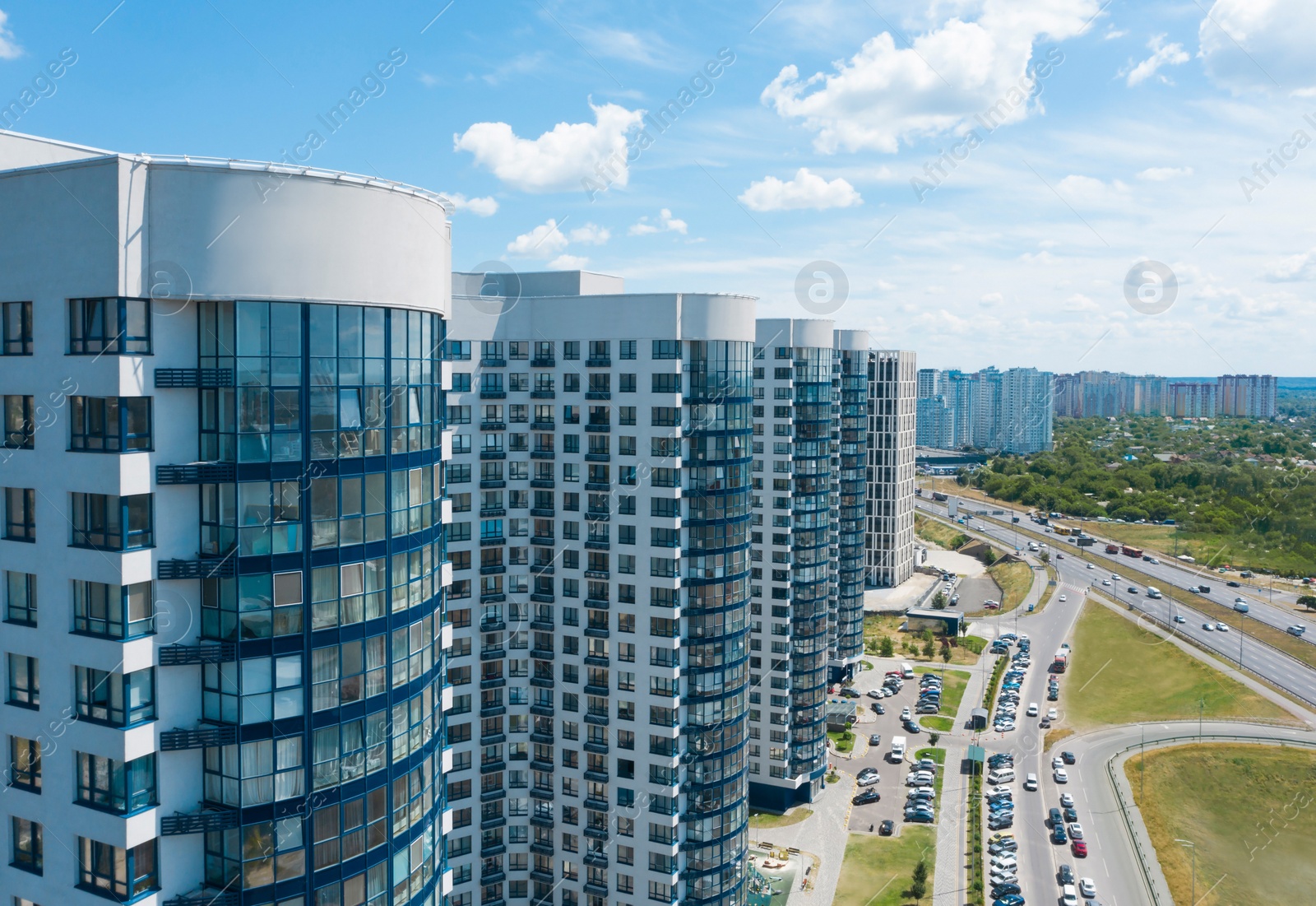 Image of Aerial view of modern buildings in city center