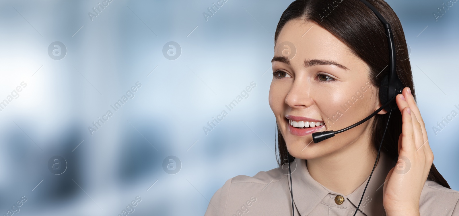 Image of Hotline operator with headset in office, space for text. Banner design