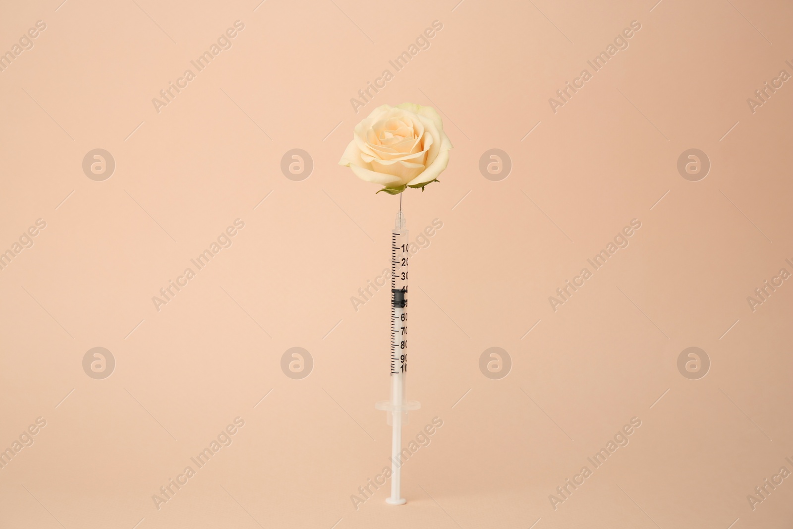 Medical syringe and rose flower on beige background Photo of Medical syringe and rose flower on beige background