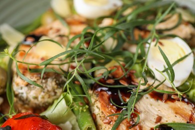 Photo of Tasty chicken, boiled egg and vegetables with tarragon, closeup
