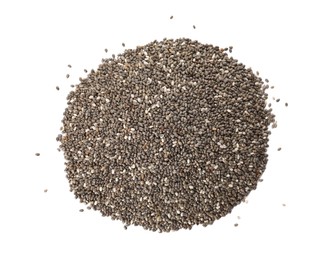 Pile of chia seeds on white background, top view