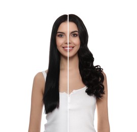 Beautiful young woman with long hair before and after using curlers on white background, collage